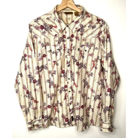 Wrangler Womens Shirt Western Floral Print Snap Cotton Gold Stripe Vintage XL - Picture 1 of 15